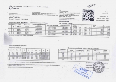 Сертификат Сертификат на Уголок стальной 75х75х5 мм