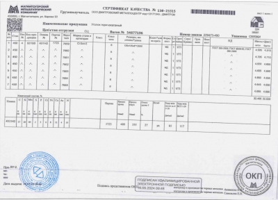 Сертификат Сертификат на Уголок стальной 125х125х8 мм