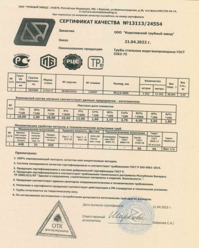 Сертификат Сертификаты на Труба стальная 