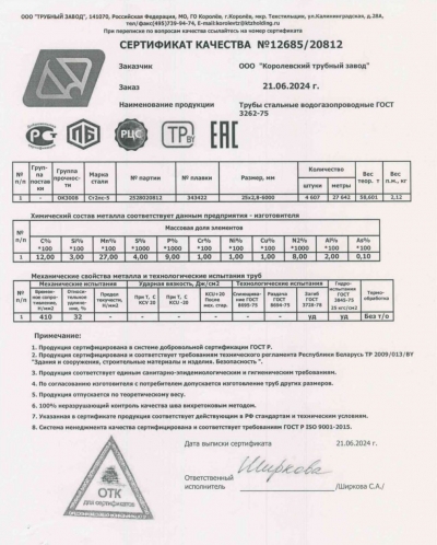 Сертификат Сертификат на Труба стальная ВГП 25х2,8 мм