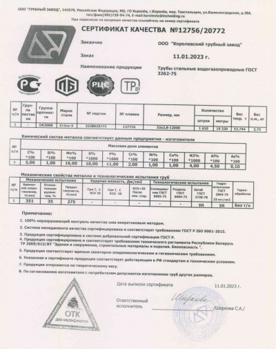 Сертификат Сертификат на Труба стальная ВГП 32х2,8 мм