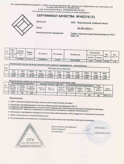 Сертификат Сертификат на Труба стальная ВГП 15х2,8 мм