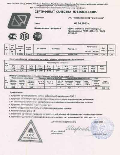 Сертификат Сертификат на Труба стальная электросварная 57х3.5 мм