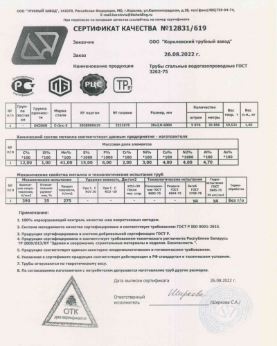 Сертификат Сертификат на Труба стальная электросварная 108х3 мм