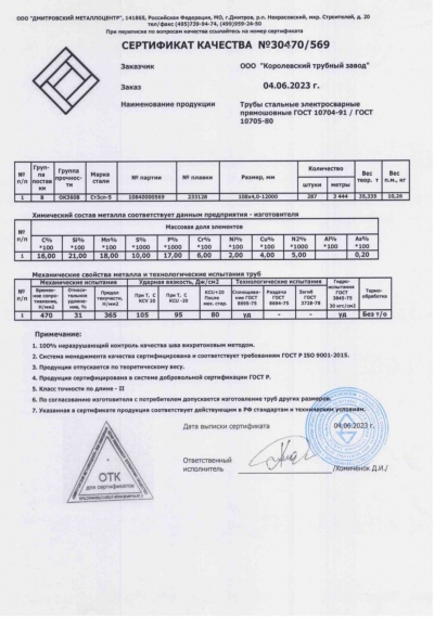 Сертификат Сертификат на Труба стальная электросварная 108х4,0 мм