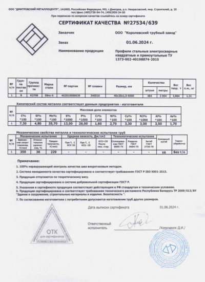 Сертификат Сертификат на Профильная труба 25х25х2 мм